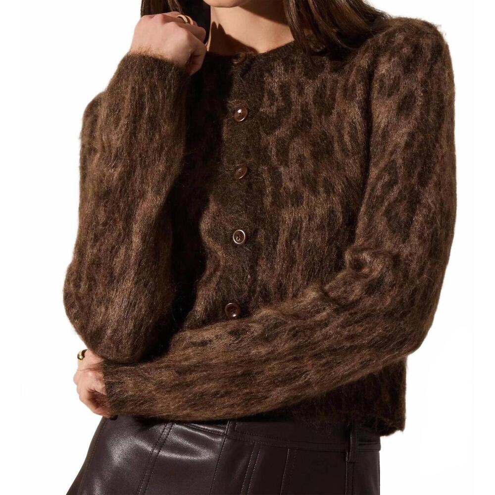 NEW ASTR katria fuzzy crewneck cardigan in brown cheetah